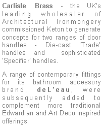 Text Box: Carlisle Brass - the UKs leading wholesaler of Architectural Ironmongery commissioned Keton to generate concepts for two ranges of door handles - Die-cast Trade handles and  sophisticated Specifier handles.A range of contemporary fittings for its bathroom accessory brand, deLeau, were subsequently added to complement more traditional Edwardian and Art Deco inspired offerings.